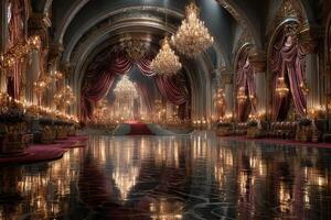 Majestic ballroom illuminated by chandeliers in an opulent palace setting during twilight hours photo