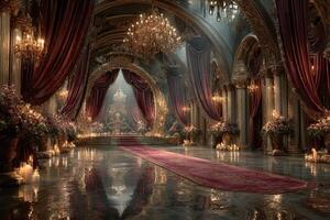 Elegant ballroom with chandeliers and floral decorations sets a romantic atmosphere for special events photo