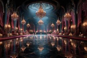 Elegant ballroom with ornate chandeliers and reflective floor illuminated by soft blue light at night photo