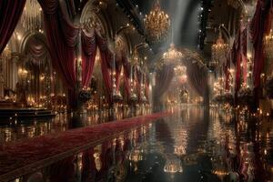 Elegant ballroom with dramatic lighting and luxurious decor captures a timeless atmosphere at night photo