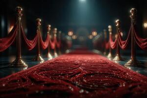 Elegant red carpet pathway lined with velvet ropes and golden stanchions in dimly lit venue during a formal event photo