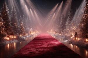 Elegant winter gala pathway illuminated by lights and lined with frosted trees and lanterns in a serene setting photo