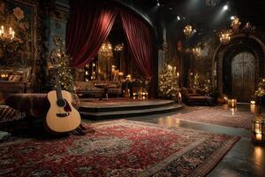 Cozy vintage music room with guitar and warm lighting during evening hours photo