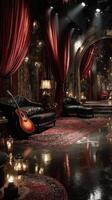 Cozy lounge with rich decor and warm lighting featuring a guitar and elegant furnishings photo
