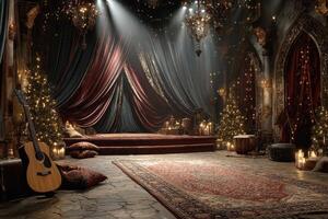 Cozy rustic setting with warm lights and musical instruments in an inviting room photo
