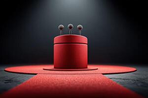 Creative display of red velvet podium with spherical microphones on a circular mat in a spotlight photo