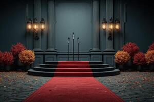 Elegant stage setup with red carpet, vintage microphones, and autumn foliage in a dimly lit venue photo
