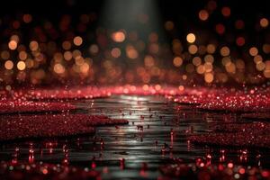 Vibrant red glitter shimmering on a reflective surface with soft bokeh lights in a darkened environment photo