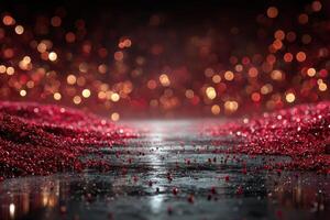 Sparkling red glitter on a reflective surface creates an enchanting atmosphere in a dimly lit setting at night photo