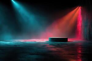Lighting effects create a vibrant atmosphere in a dark, empty stage setting with a circular platform photo