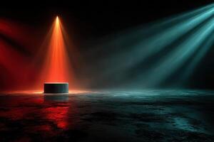 Unique spotlight setup with contrasting red and blue lighting in a dark environment showcasing a central podium photo