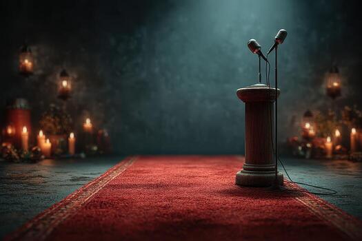 mic estar espera altavoz en rojo alfombra rodeado por luz de una vela en tenuemente iluminado lugar de eventos creando un íntimo atmósfera foto