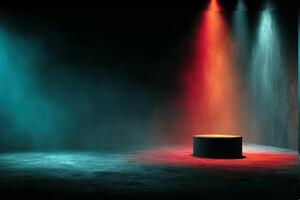 Dramatic lighting creates a mysterious atmosphere in an empty stage setting at night photo