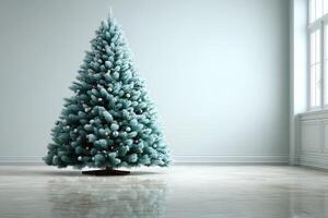 Beautifully decorated Christmas tree stands in a bright, minimalist room with natural light photo