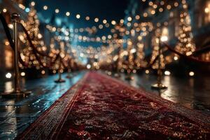 Elegant evening event with a red carpet and festive lights in a bustling city square during the holiday season photo