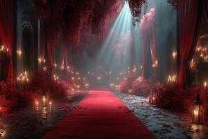 Elegant red carpet path illuminated by candles under a canopy of lush foliage in a serene, mystical setting photo