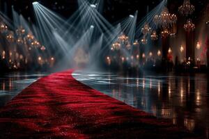Elegant red carpet leads to a sparkling event venue illuminated by chandeliers and dramatic lighting photo