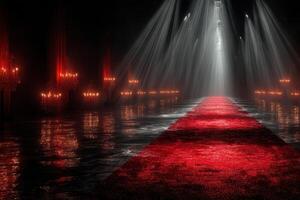 Elegant red carpet pathway illuminated by dramatic lighting in a mysterious venue at night photo