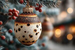 Colorful Christmas ornament hanging on snow-covered tree branches in festive holiday decoration photo