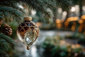 Ornate glass ornament hanging on pine tree branches near a shimmering stream during a festive evening in the forest photo