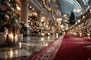 Beautifully decorated corridor with festive lights and Christmas trees during the holiday season photo