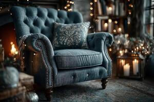 Cozy armchair adorned with soft cushions and warm lights in a festive living room ambiance photo