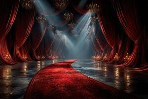 Elegant red carpet event space with dramatic lighting and velvet curtains creating a luxurious atmosphere for a grand occasion photo