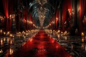 Luxurious hallway adorned with red curtains and candlelight creates an enchanting atmosphere for evening events photo
