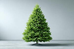 Artificial Christmas tree stands tall in a modern, minimalist room with a light gray background photo