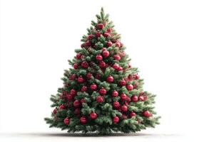 Decorative evergreen Christmas tree adorned with red ornaments set against a plain background for festive celebrations photo