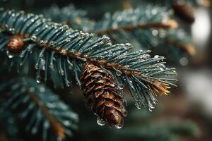 Spruce tree branch adorned with droplets and a pine cone in lush forest setting during early morning hours photo