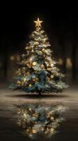 Christmas tree adorned with golden ornaments and a shining star reflecting on a dark, glossy surface photo
