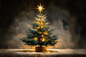 Elegant Christmas tree adorned with warm lights and a shining star against a dark background photo