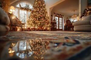 Cozy holiday living room decorated with a Christmas tree and warm lights in a beautiful home setting photo
