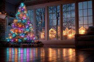 Colorful Christmas tree illuminated beside a cozy living room window during a snowy evening photo