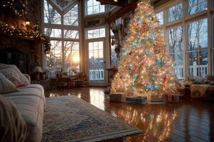 Christmas morning in a cozy living room with a beautifully decorated tree and sunlight streaming in through large windows photo