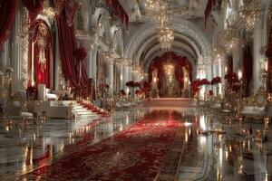 Elegant ballroom decorated with luxurious details, red tones and crystal chandeliers at an upscale event photo