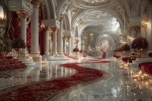 Elegant grand hall with intricate architecture and lavish decor at dusk for an extravagant event photo