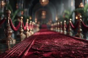 Luxurious red carpet lined with golden stanchions in an opulent ballroom setting for a grand event during the evening photo