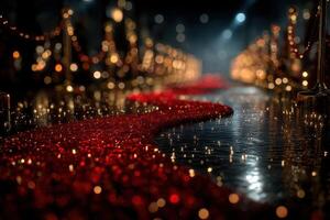 Elegant evening gala setup with shimmering red glitter path and sparkling lights in a luxurious venue photo