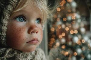 Child gazes in wonder at a brightly lit Christmas tree during the festive season from indoors photo