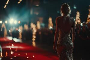 Elegant woman walks down glamorous red carpet at an evening event surrounded by twinkling lights and an admiring crowd photo