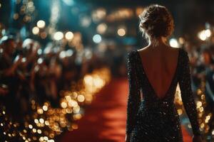Elegant runner walks down red carpet at glamorous event surrounded by cheering crowd photo