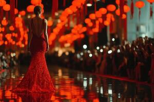Model walks down a runway illuminated by red lanterns during a fashion show celebrating cultural heritage photo