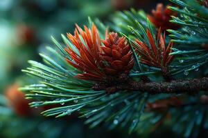 Close-up view of a pine branch with new cones and droplets in a tranquil forest setting during early morning photo