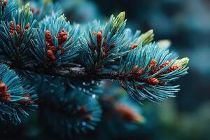 Evergreen branches with turquoise needles and vibrant cones sparkling with raindrops in a lush forest setting photo