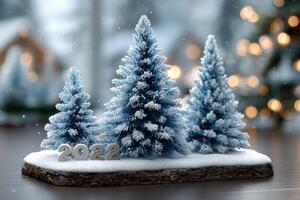 Decorative winter scene with snow-covered trees and the year 2022 displayed for holiday celebrations photo
