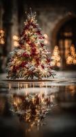 Festively decorated Christmas tree glowing with lights and reflections in a winter setting photo