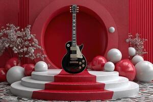 Stylish black guitar on red circular platform surrounded by decorative spheres in a modern setting photo