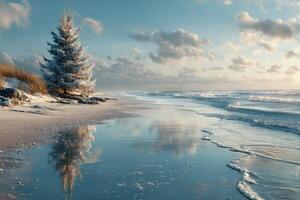 Winter beach landscape with snowy tree reflecting on calm waters during sunset photo
